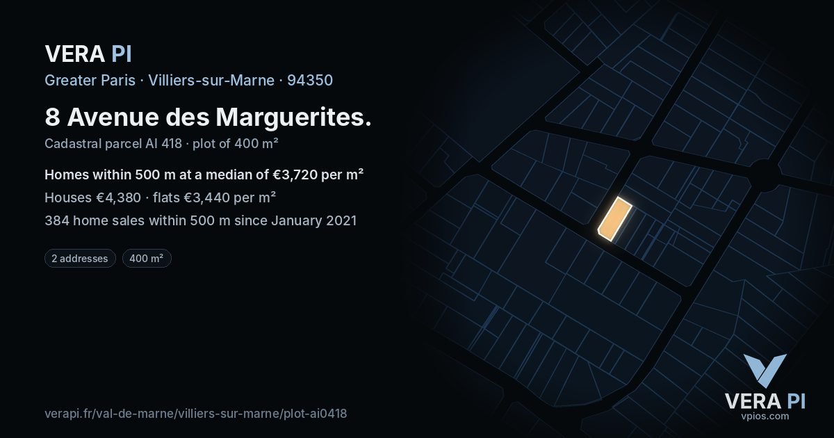 8 Avenue des Marguerites, Villiers-sur-Marne at night – the plot lit, the parcels around coloured by the prices near them