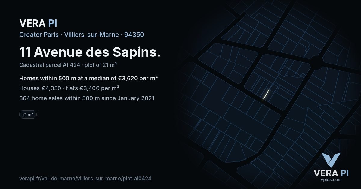11 Avenue des Sapins, Villiers-sur-Marne at night – the plot lit, the parcels around coloured by the prices near them