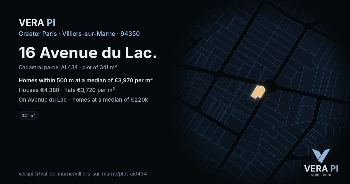 16 Avenue du Lac, Villiers-sur-Marne at night – the plot lit, the parcels around coloured by the prices near them
