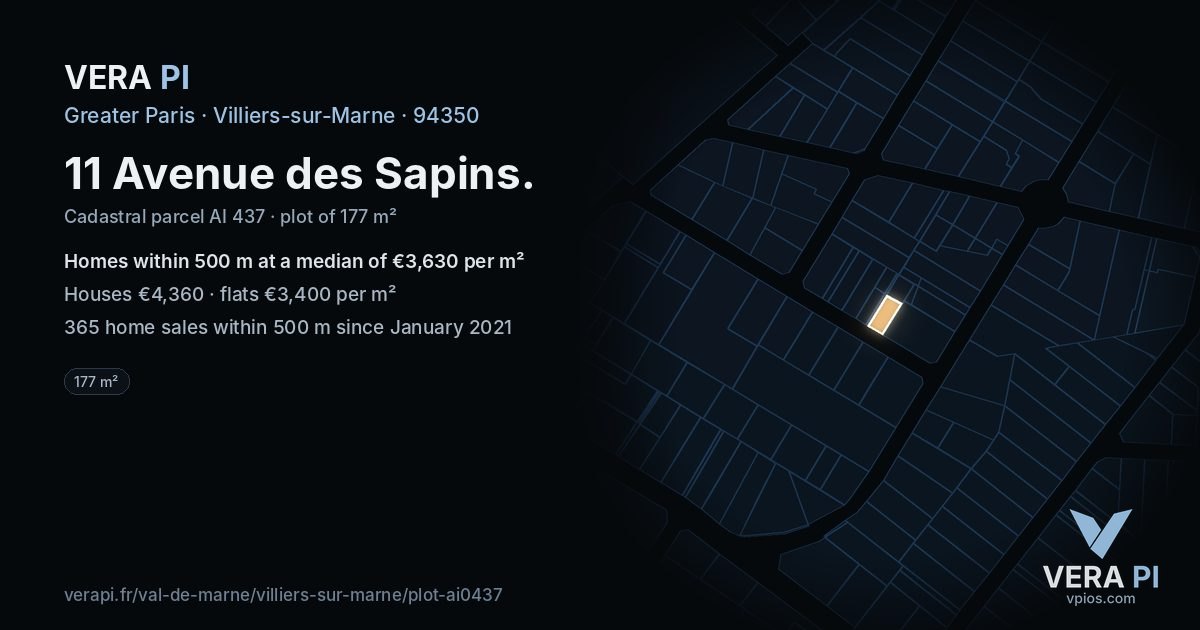 11 Avenue des Sapins, Villiers-sur-Marne at night – the plot lit, the parcels around coloured by the prices near them