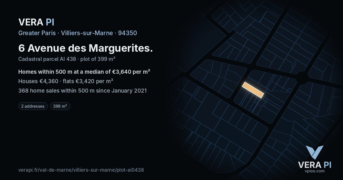 6 Avenue des Marguerites, Villiers-sur-Marne at night – the plot lit, the parcels around coloured by the prices near them