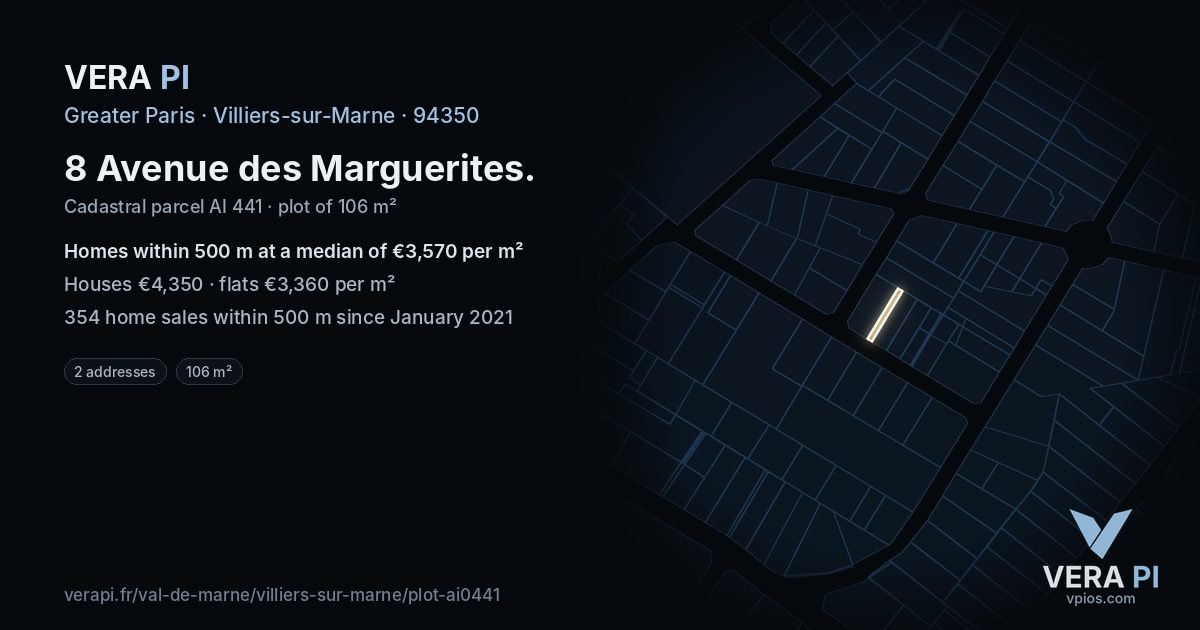8 Avenue des Marguerites, Villiers-sur-Marne at night – the plot lit, the parcels around coloured by the prices near them