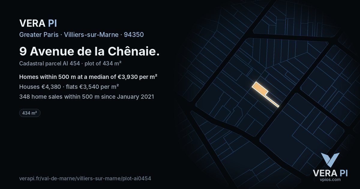 9 Avenue de la Chênaie, Villiers-sur-Marne at night – the plot lit, the parcels around coloured by the prices near them