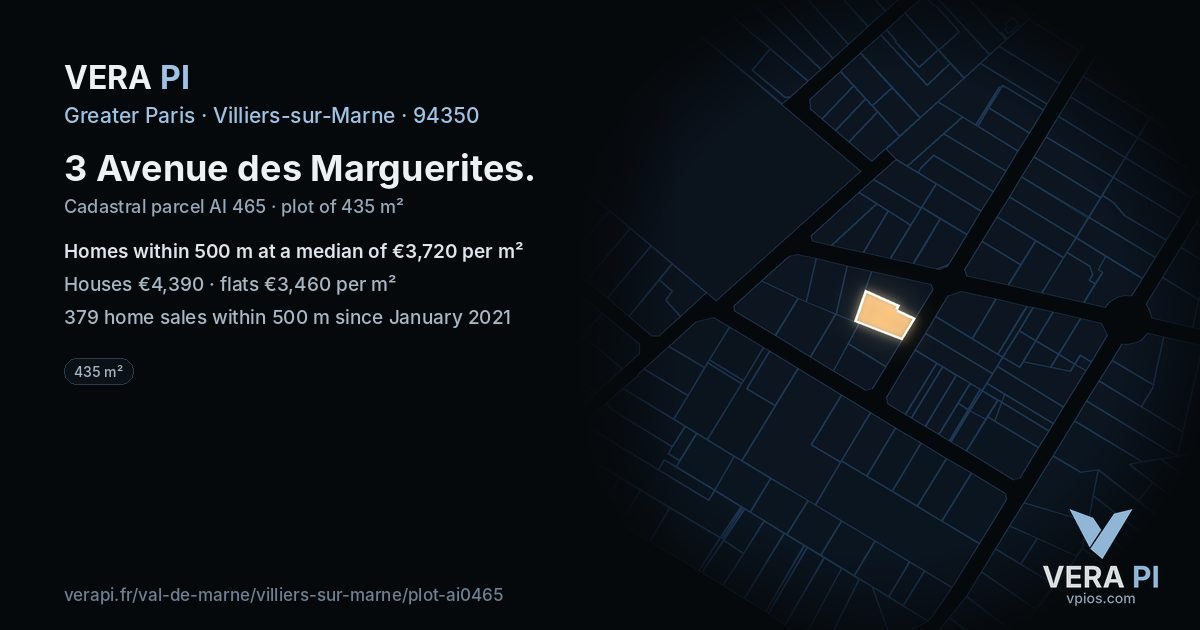 3 Avenue des Marguerites, Villiers-sur-Marne at night – the plot lit, the parcels around coloured by the prices near them