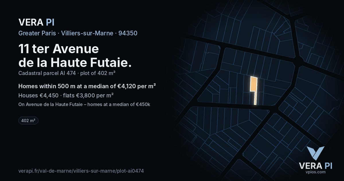 11 ter Avenue de la Haute Futaie, Villiers-sur-Marne at night – the plot lit, the parcels around coloured by the prices near them