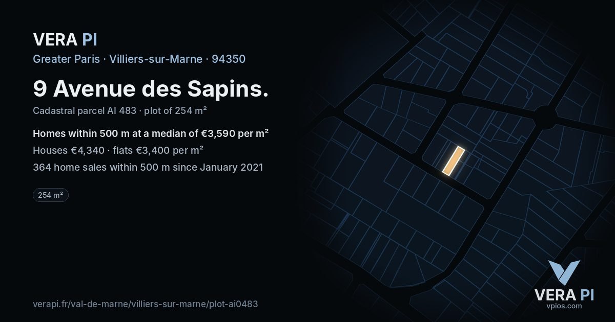 9 Avenue des Sapins, Villiers-sur-Marne at night – the plot lit, the parcels around coloured by the prices near them