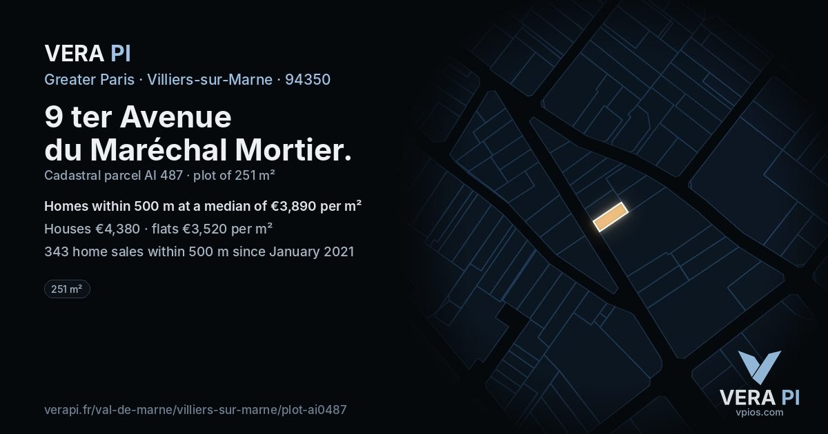 9 ter Avenue du Maréchal Mortier, Villiers-sur-Marne at night – the plot lit, the parcels around coloured by the prices near them