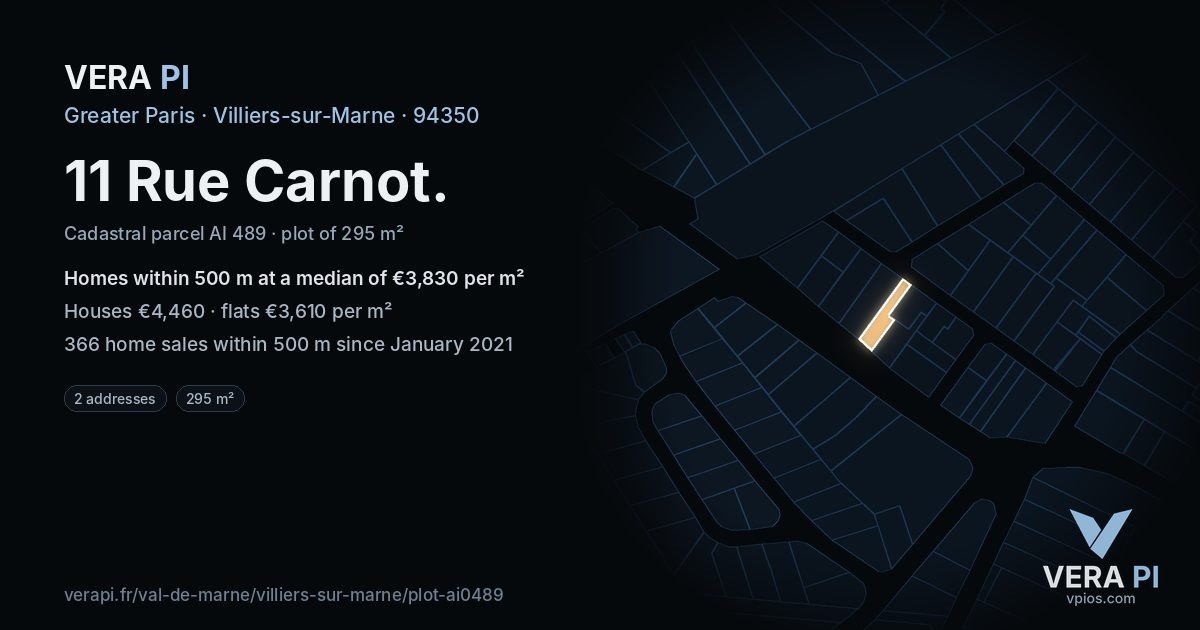 11 Rue Carnot, Villiers-sur-Marne at night – the plot lit, the parcels around coloured by the prices near them