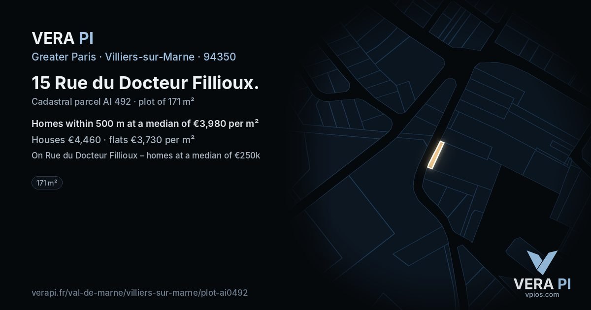 15 Rue du Docteur Fillioux, Villiers-sur-Marne at night – the plot lit, the parcels around coloured by the prices near them