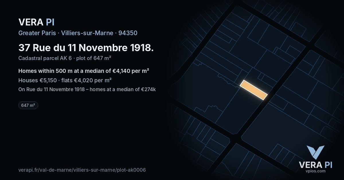37 Rue du 11 Novembre 1918, Villiers-sur-Marne at night – the plot lit, the parcels around coloured by the prices near them