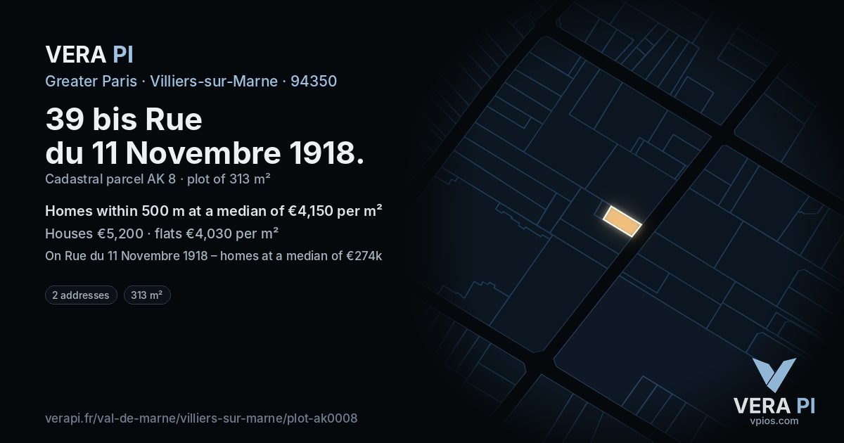 39 bis Rue du 11 Novembre 1918, Villiers-sur-Marne at night – the plot lit, the parcels around coloured by the prices near them