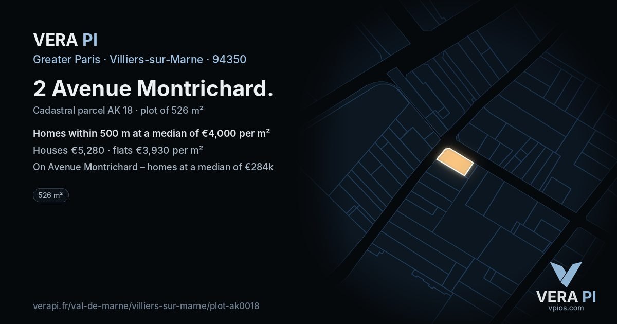 2 Avenue Montrichard, Villiers-sur-Marne at night – the plot lit, the parcels around coloured by the prices near them
