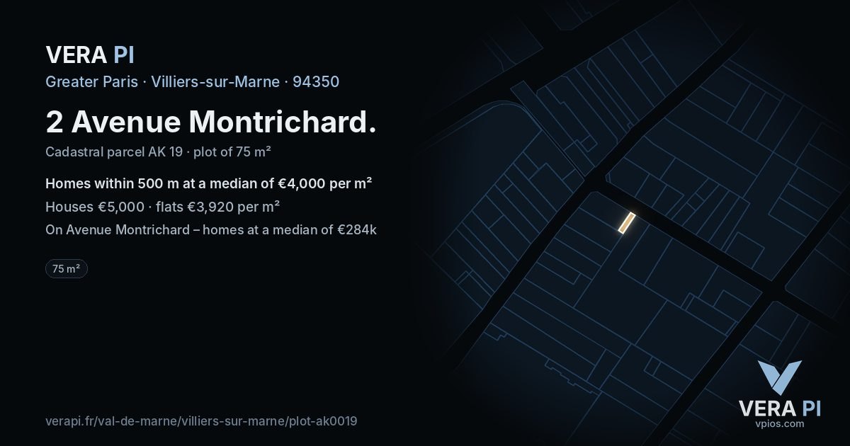 2 Avenue Montrichard, Villiers-sur-Marne at night – the plot lit, the parcels around coloured by the prices near them