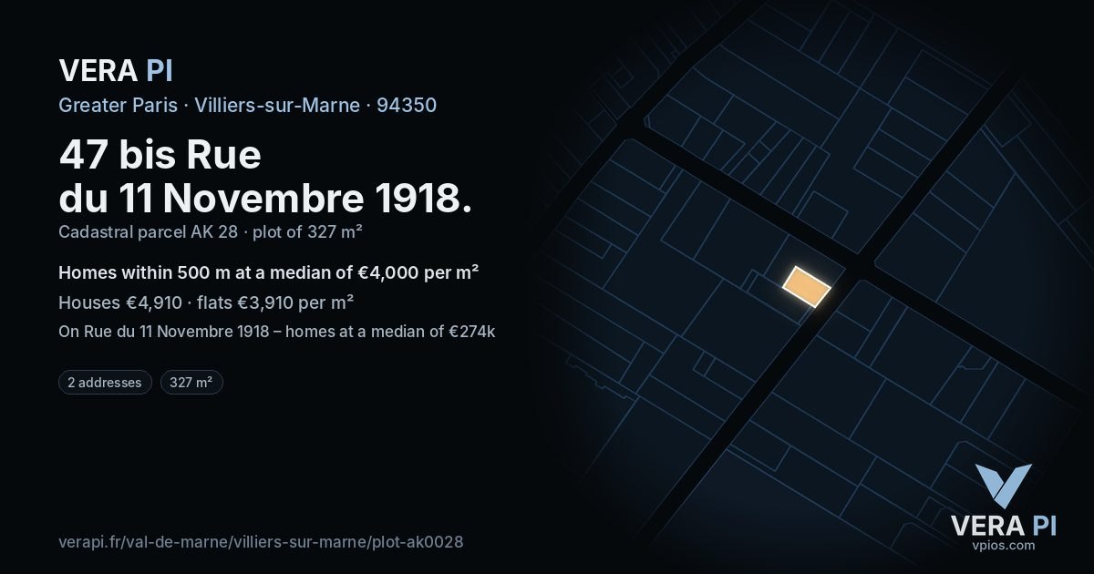 47 bis Rue du 11 Novembre 1918, Villiers-sur-Marne at night – the plot lit, the parcels around coloured by the prices near them