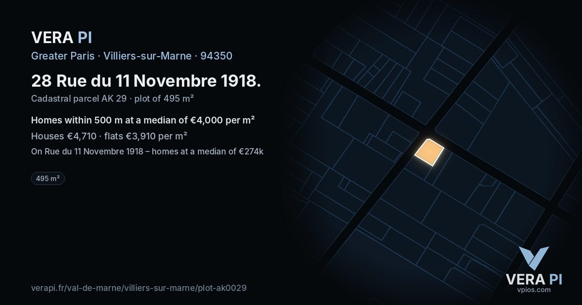 28 Rue du 11 Novembre 1918, Villiers-sur-Marne at night – the plot lit, the parcels around coloured by the prices near them