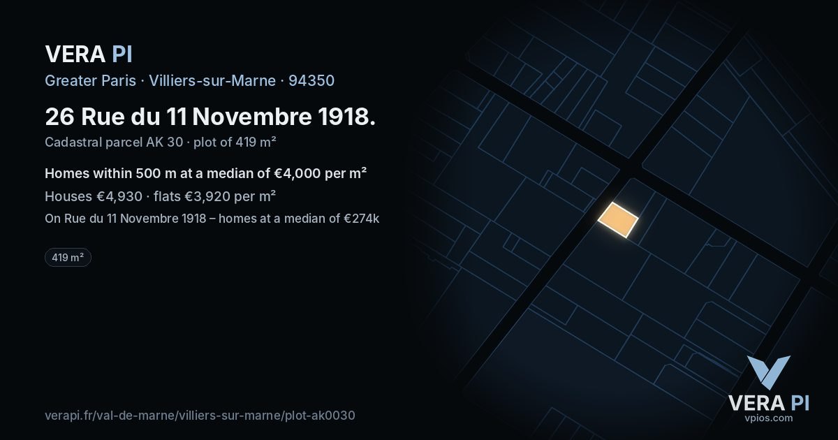 26 Rue du 11 Novembre 1918, Villiers-sur-Marne at night – the plot lit, the parcels around coloured by the prices near them