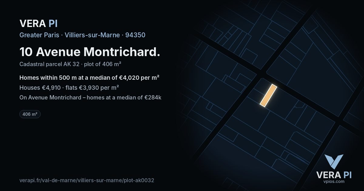 10 Avenue Montrichard, Villiers-sur-Marne at night – the plot lit, the parcels around coloured by the prices near them