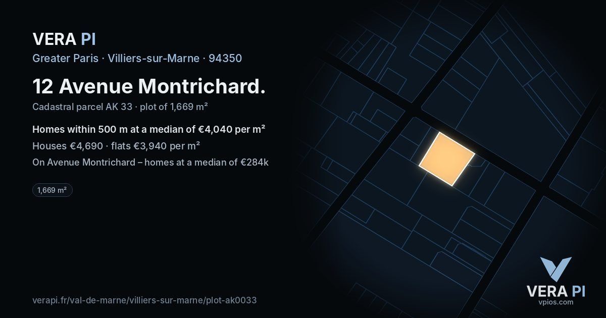 12 Avenue Montrichard, Villiers-sur-Marne at night – the plot lit, the parcels around coloured by the prices near them