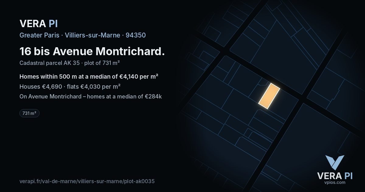 16 bis Avenue Montrichard, Villiers-sur-Marne at night – the plot lit, the parcels around coloured by the prices near them
