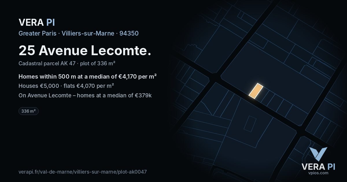 25 Avenue Lecomte, Villiers-sur-Marne at night – the plot lit, the parcels around coloured by the prices near them
