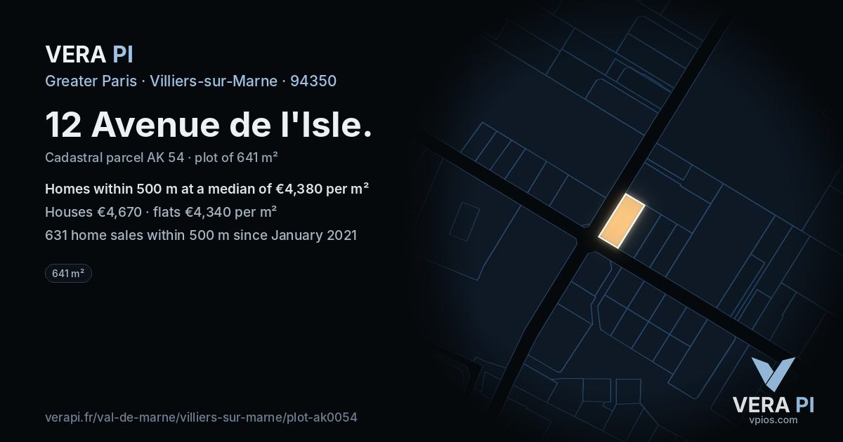 12 Avenue de l'Isle, Villiers-sur-Marne at night – the plot lit, the parcels around coloured by the prices near them