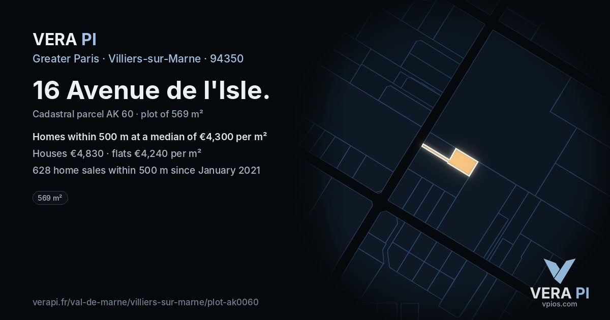 16 Avenue de l'Isle, Villiers-sur-Marne at night – the plot lit, the parcels around coloured by the prices near them