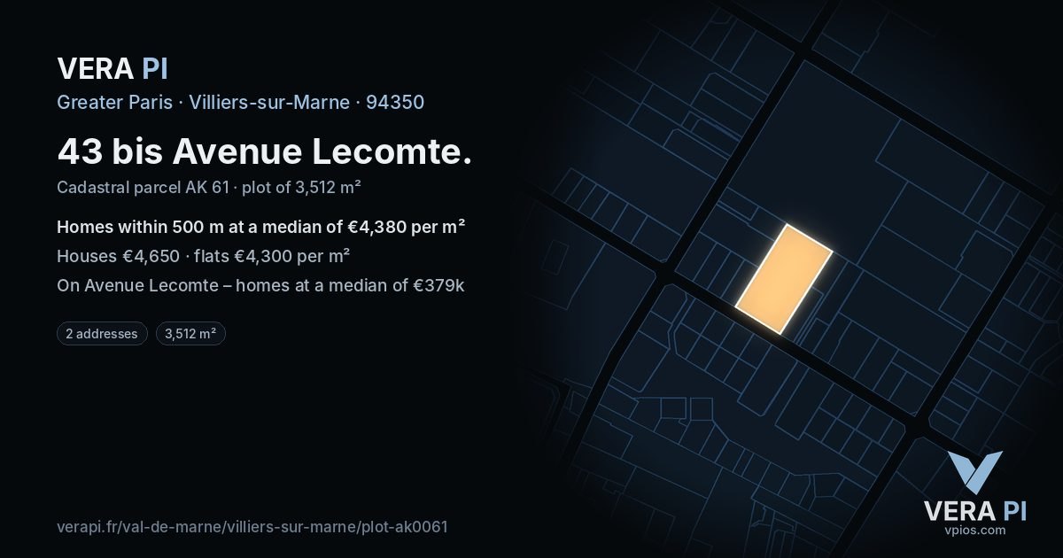 43 bis Avenue Lecomte, Villiers-sur-Marne at night – the plot lit, the parcels around coloured by the prices near them
