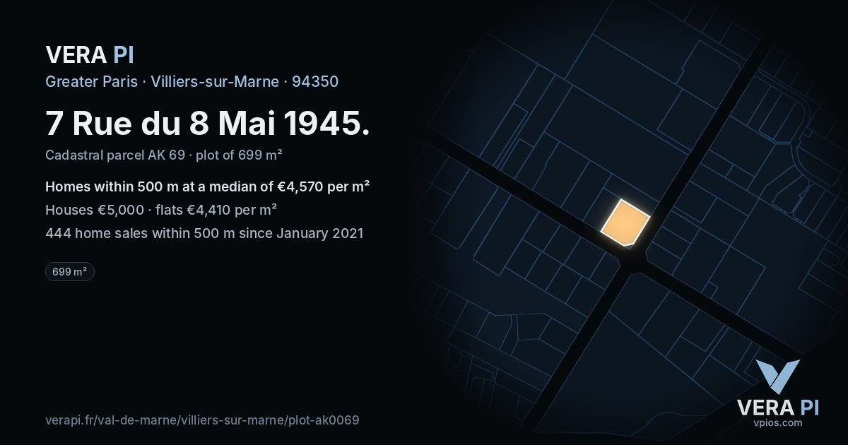 7 Rue du 8 Mai 1945, Villiers-sur-Marne at night – the plot lit, the parcels around coloured by the prices near them