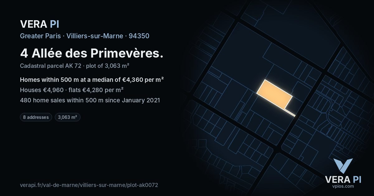 4 Allée des Primevères, Villiers-sur-Marne at night – the plot lit, the parcels around coloured by the prices near them