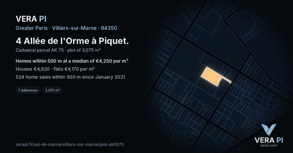 4 Allée de l'Orme à Piquet, Villiers-sur-Marne at night – the plot lit, the parcels around coloured by the prices near them