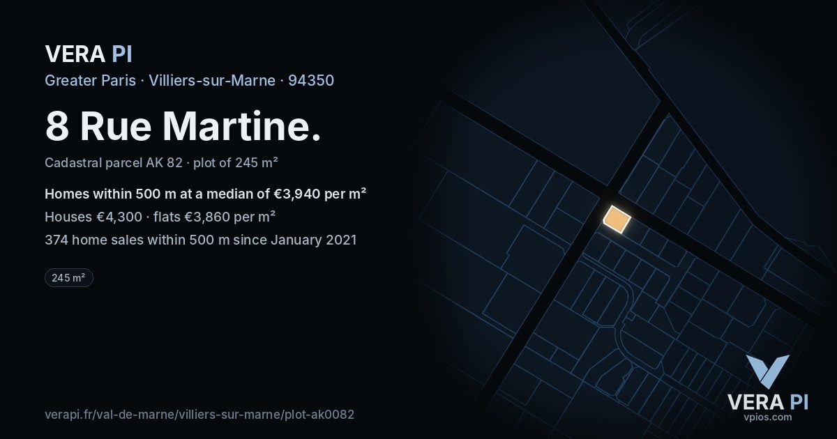 8 Rue Martine, Villiers-sur-Marne at night – the plot lit, the parcels around coloured by the prices near them