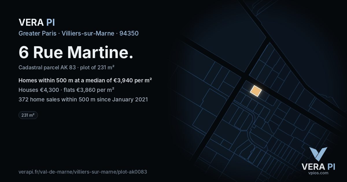 6 Rue Martine, Villiers-sur-Marne at night – the plot lit, the parcels around coloured by the prices near them