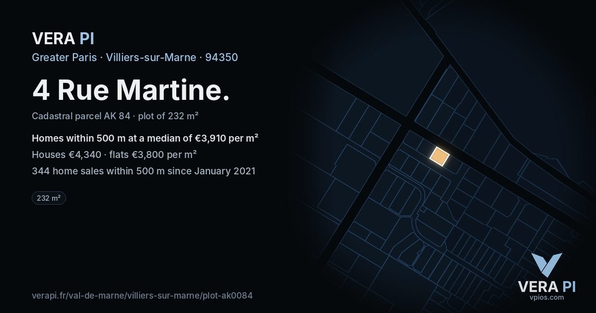 4 Rue Martine, Villiers-sur-Marne at night – the plot lit, the parcels around coloured by the prices near them