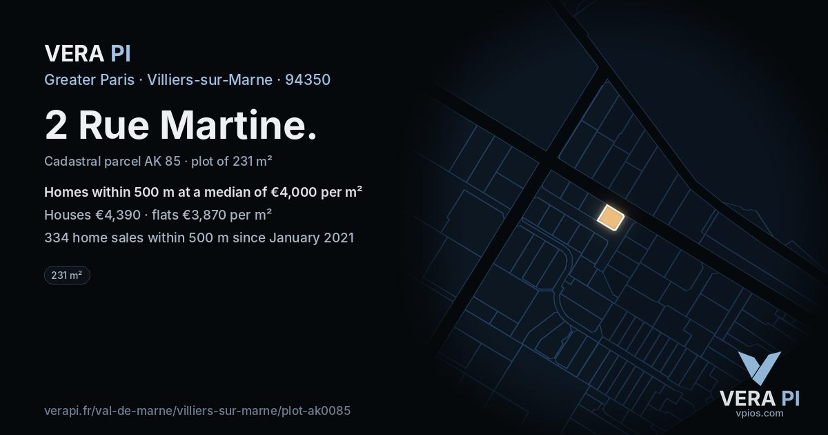 2 Rue Martine, Villiers-sur-Marne at night – the plot lit, the parcels around coloured by the prices near them
