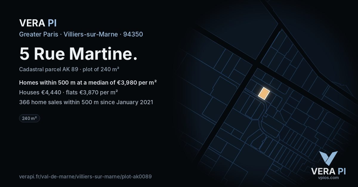 5 Rue Martine, Villiers-sur-Marne at night – the plot lit, the parcels around coloured by the prices near them