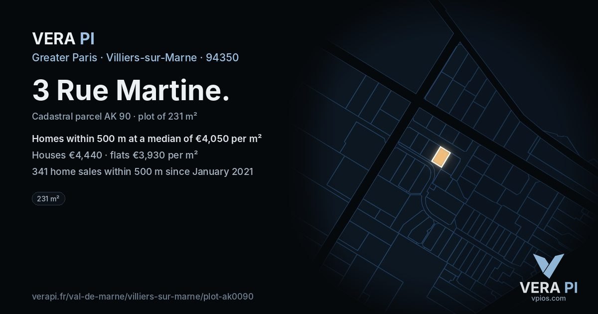 3 Rue Martine, Villiers-sur-Marne at night – the plot lit, the parcels around coloured by the prices near them