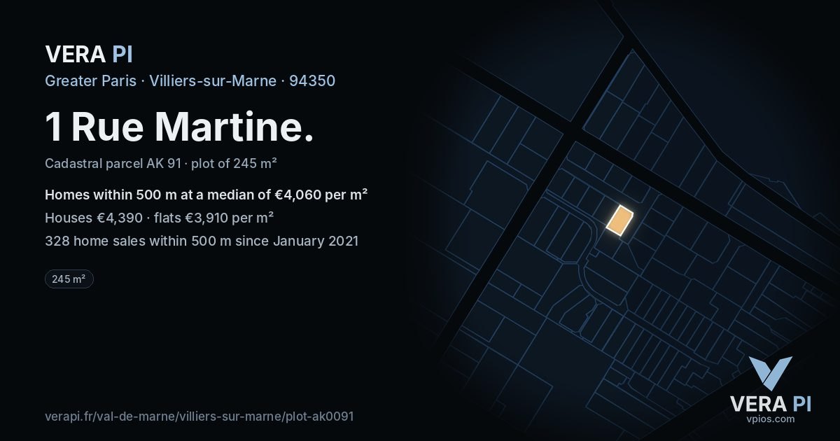 1 Rue Martine, Villiers-sur-Marne at night – the plot lit, the parcels around coloured by the prices near them
