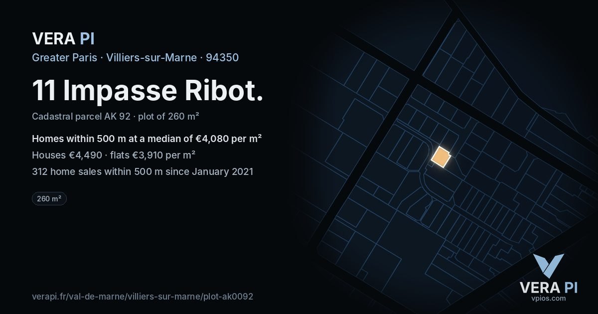 11 Impasse Ribot, Villiers-sur-Marne at night – the plot lit, the parcels around coloured by the prices near them