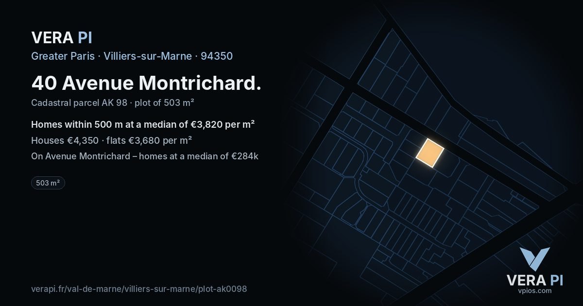 40 Avenue Montrichard, Villiers-sur-Marne at night – the plot lit, the parcels around coloured by the prices near them