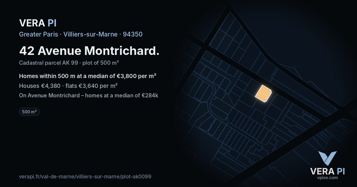 42 Avenue Montrichard, Villiers-sur-Marne at night – the plot lit, the parcels around coloured by the prices near them