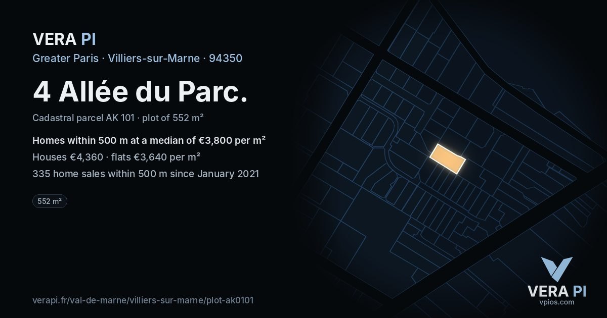 4 Allée du Parc, Villiers-sur-Marne at night – the plot lit, the parcels around coloured by the prices near them