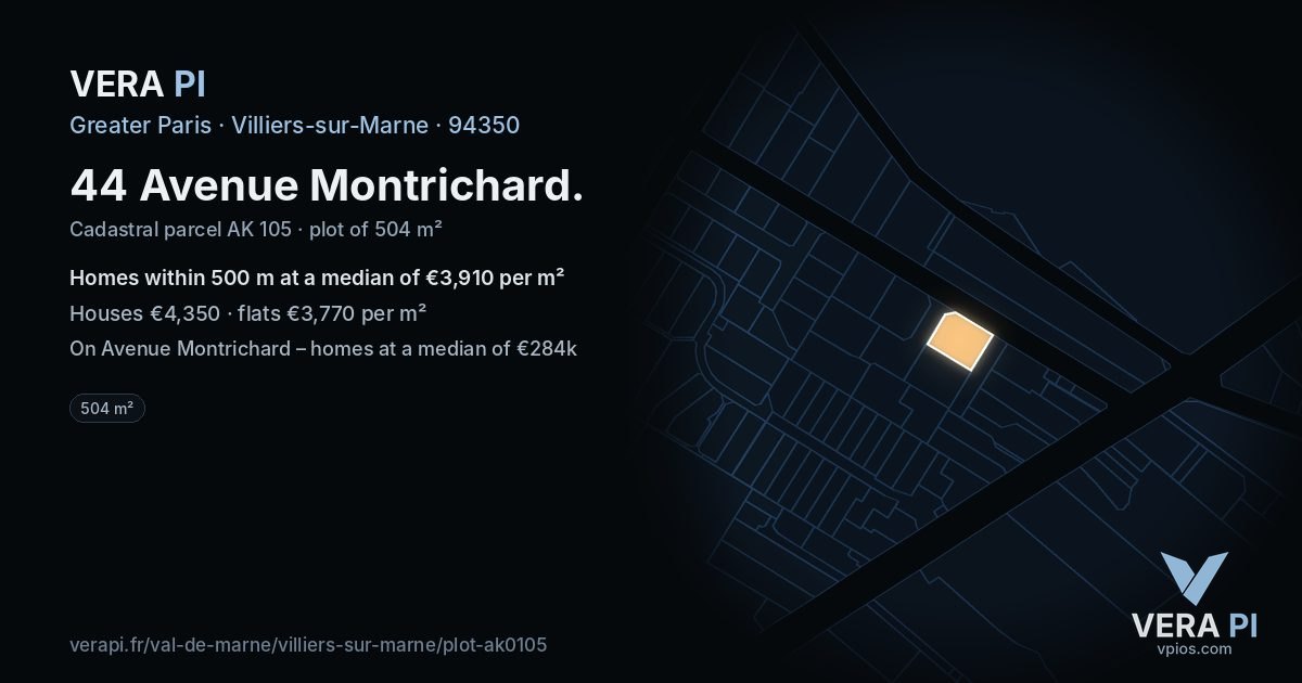 44 Avenue Montrichard, Villiers-sur-Marne at night – the plot lit, the parcels around coloured by the prices near them