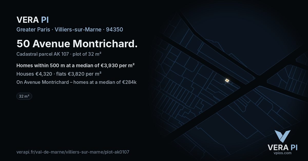 50 Avenue Montrichard, Villiers-sur-Marne at night – the plot lit, the parcels around coloured by the prices near them