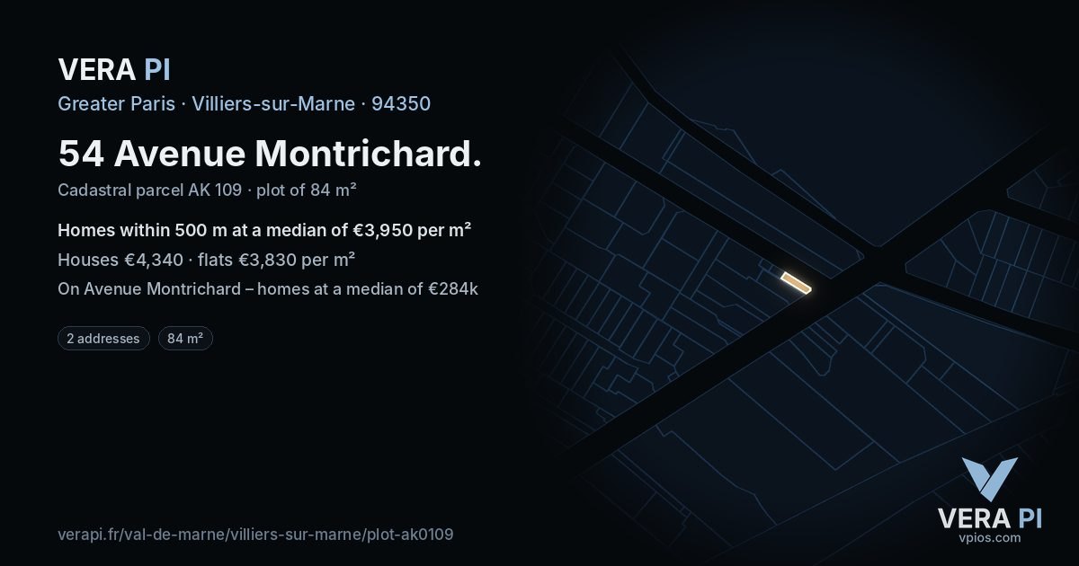 54 Avenue Montrichard, Villiers-sur-Marne at night – the plot lit, the parcels around coloured by the prices near them