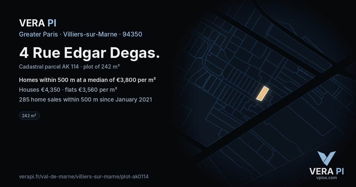 4 Rue Edgar Degas, Villiers-sur-Marne at night – the plot lit, the parcels around coloured by the prices near them