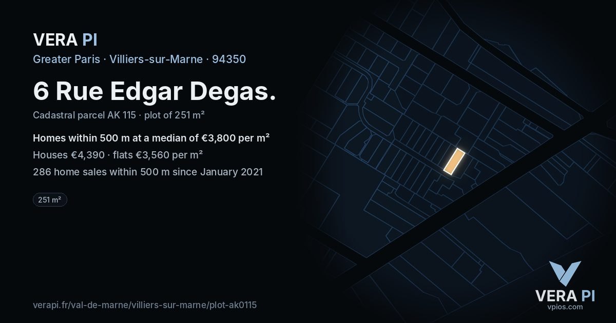 6 Rue Edgar Degas, Villiers-sur-Marne at night – the plot lit, the parcels around coloured by the prices near them