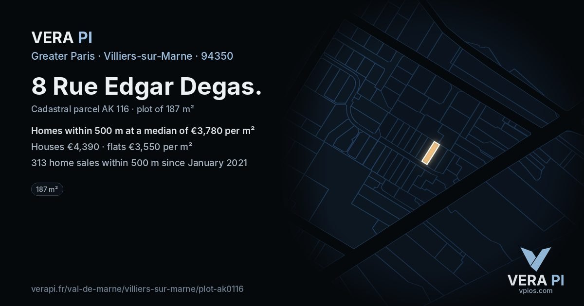 8 Rue Edgar Degas, Villiers-sur-Marne at night – the plot lit, the parcels around coloured by the prices near them