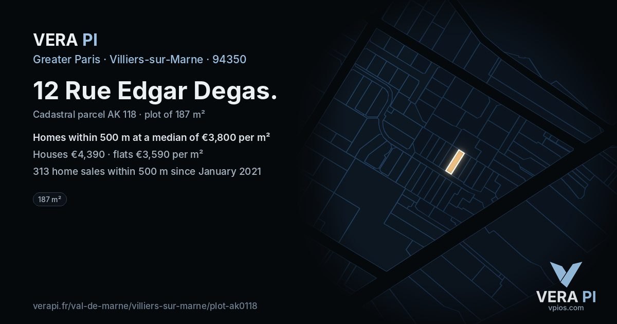 12 Rue Edgar Degas, Villiers-sur-Marne at night – the plot lit, the parcels around coloured by the prices near them
