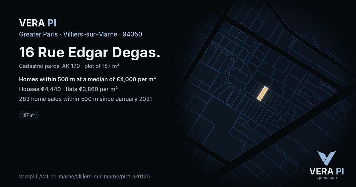 16 Rue Edgar Degas, Villiers-sur-Marne at night – the plot lit, the parcels around coloured by the prices near them