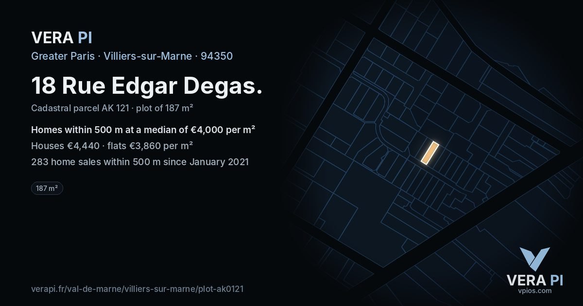 18 Rue Edgar Degas, Villiers-sur-Marne at night – the plot lit, the parcels around coloured by the prices near them